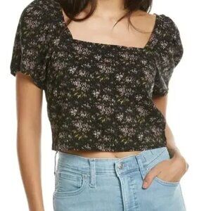 Madewell Hopewell Puff Sleeve Black Crop Top in Blurred Ikat Pattern Size XL